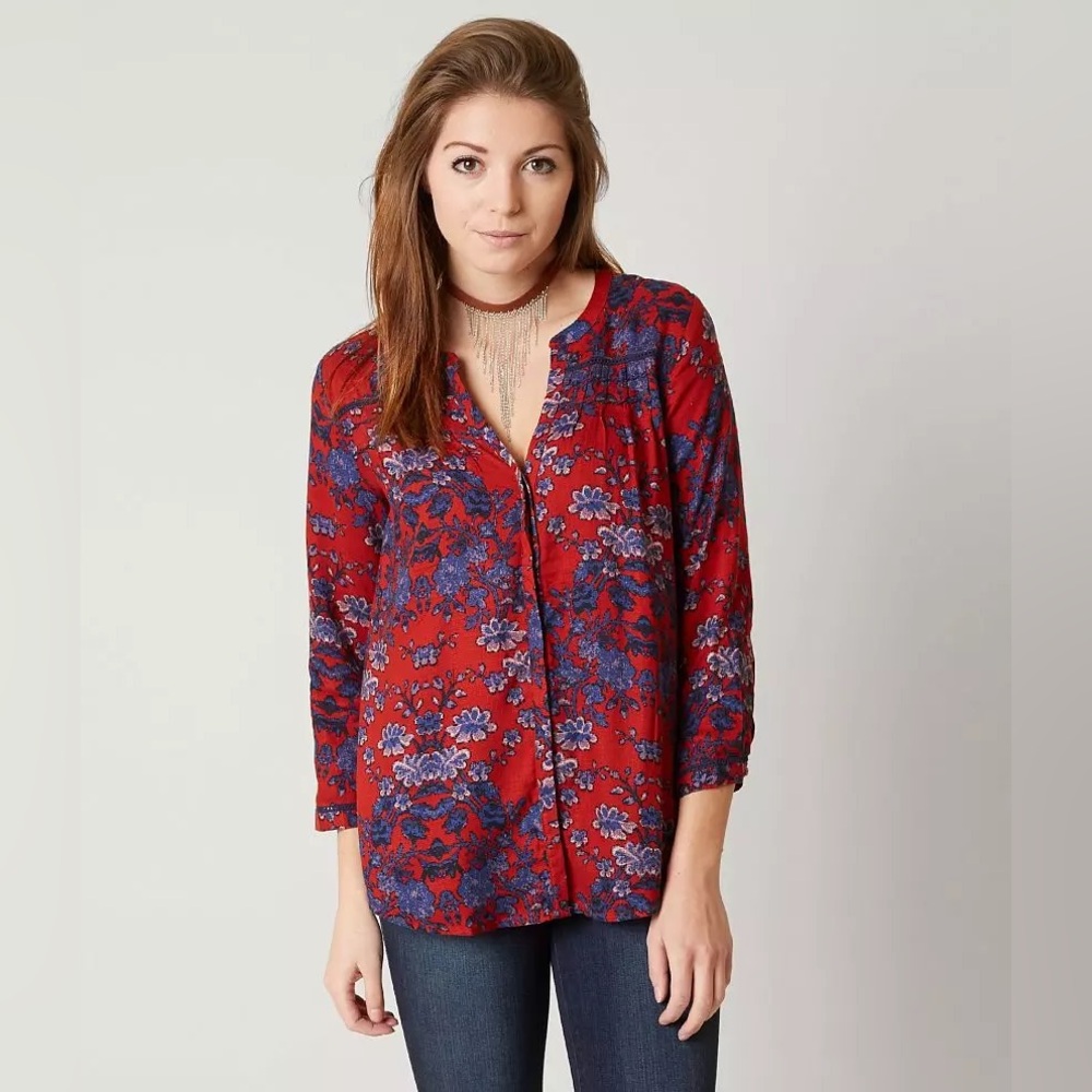 Lucky Brand- Red &‎ Blue Boho Floral Blouse Cuffed Sleeve Boho Blouse Size S
